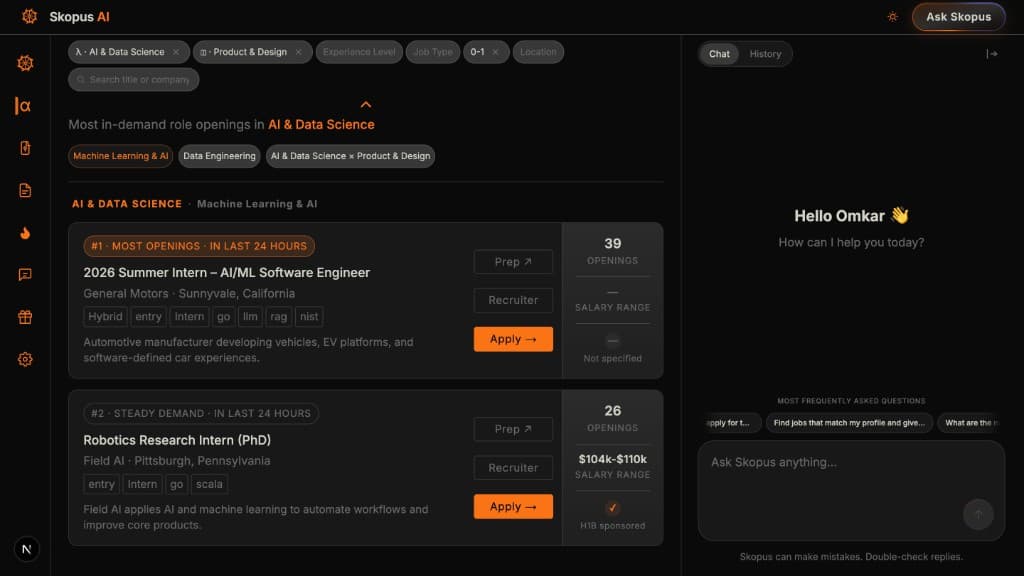 Skopus AI — live hiring intelligence dashboard with real-time job market demand signals and AI career copilot